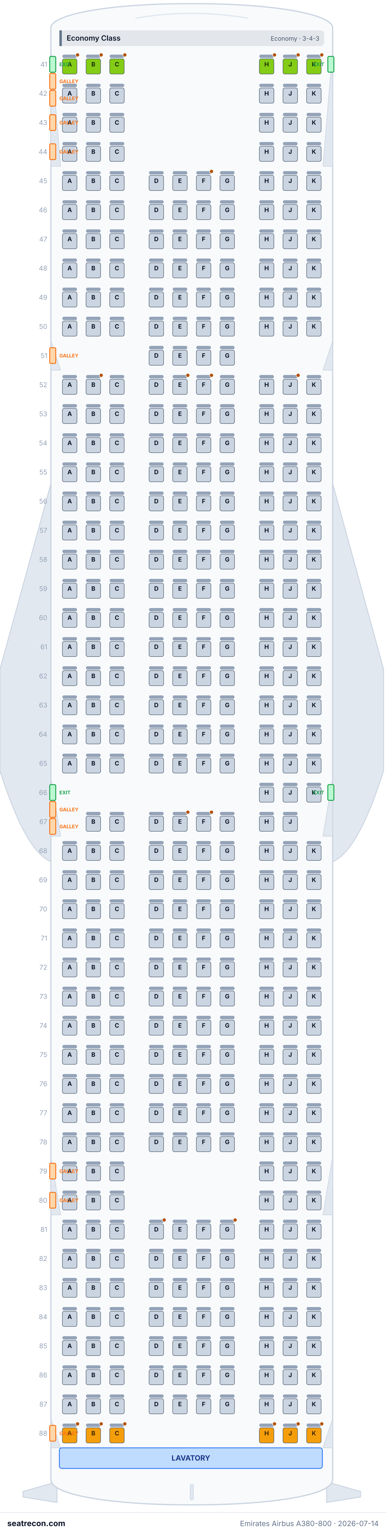 Emirates Airbus A380-800 seat map diagram — Business Class, Economy Class (615 seats)