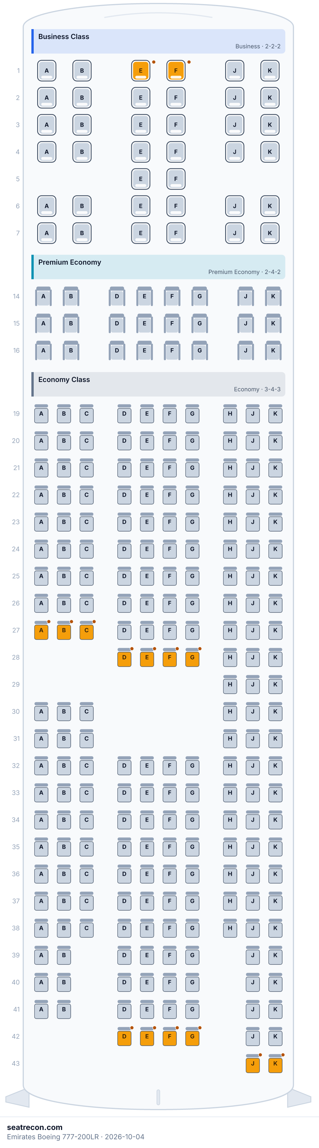 Diagrama del mapa de asientos del Boeing 777-200LR de Emirates — Business Class, Premium Economy, Economy Class (276 asientos)