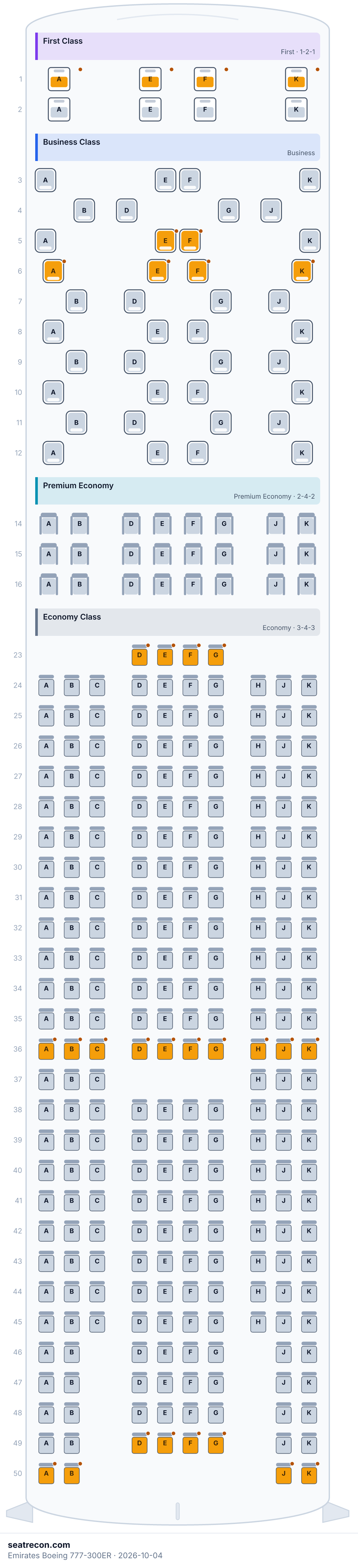 Diagrama del mapa de asientos del Boeing 777-300ER de Emirates — First Class, Business Class, Premium Economy, Economy Class (328 asientos)