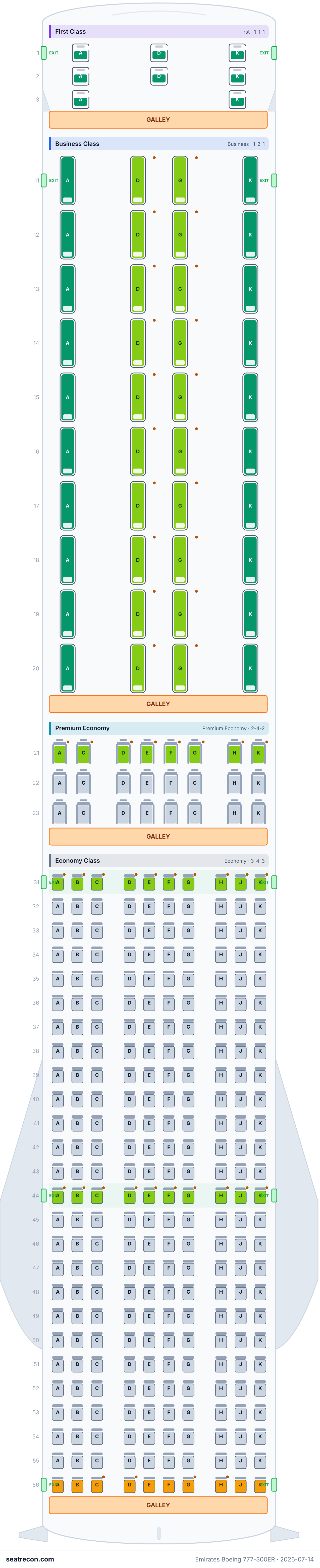 Emirates Boeing 777-300ER seat map diagram — First Class, Business Class, Premium Economy, Economy Class (332 seats)