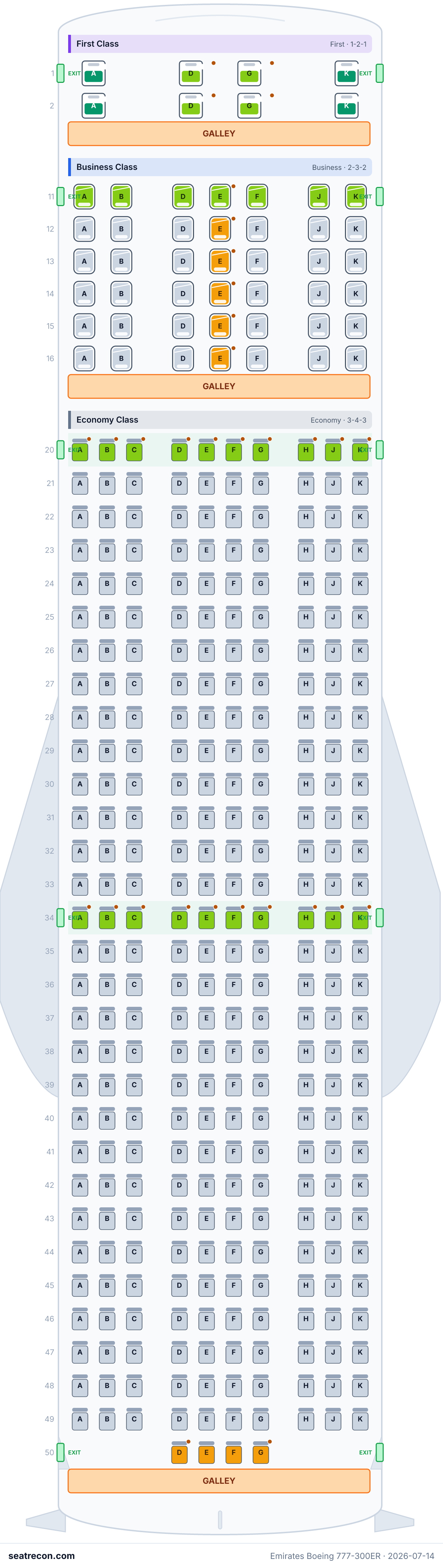 Emirates Boeing 777-300ER seat map diagram — First Class, Business Class, Economy Class (354 seats)