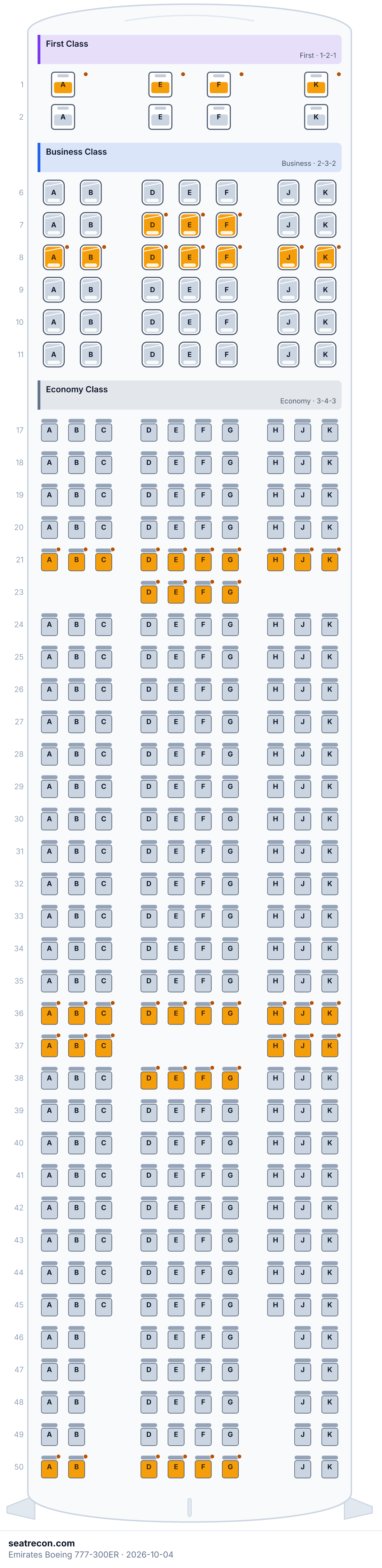 Diagrama del mapa de asientos del Boeing 777-300ER de Emirates — First Class, Business Class, Economy Class (360 asientos)