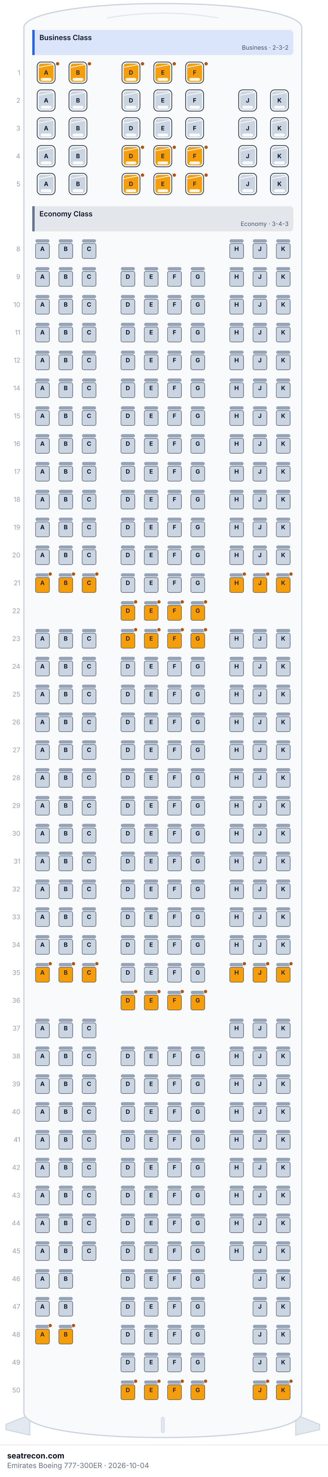 Diagrama del mapa de asientos del Boeing 777-300ER de Emirates — Business Class, Economy Class (419 asientos)