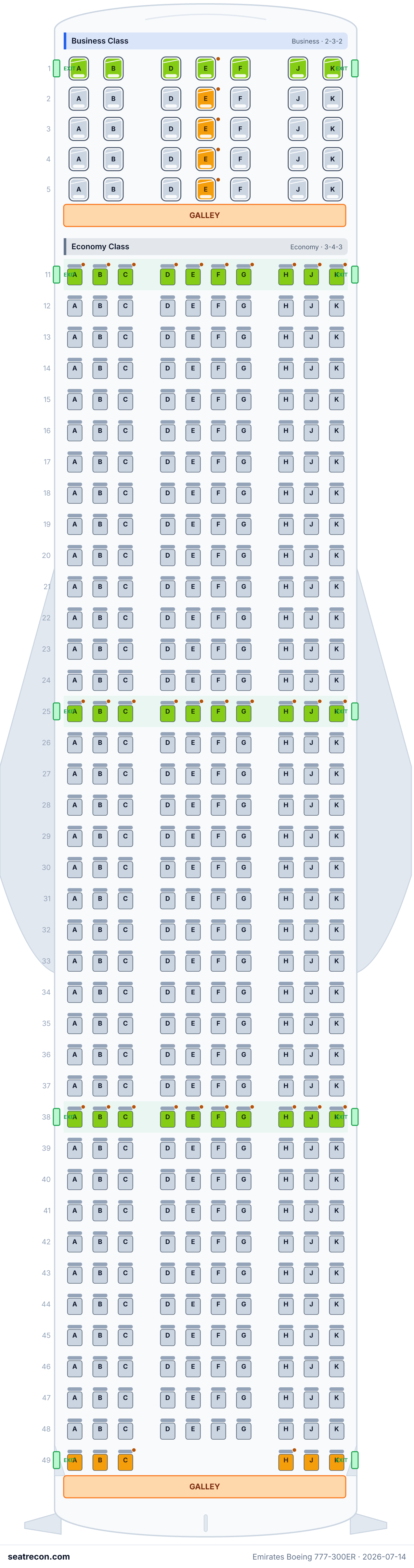 Emirates Boeing 777-300ER seat map diagram — Business Class, Economy Class (421 seats)