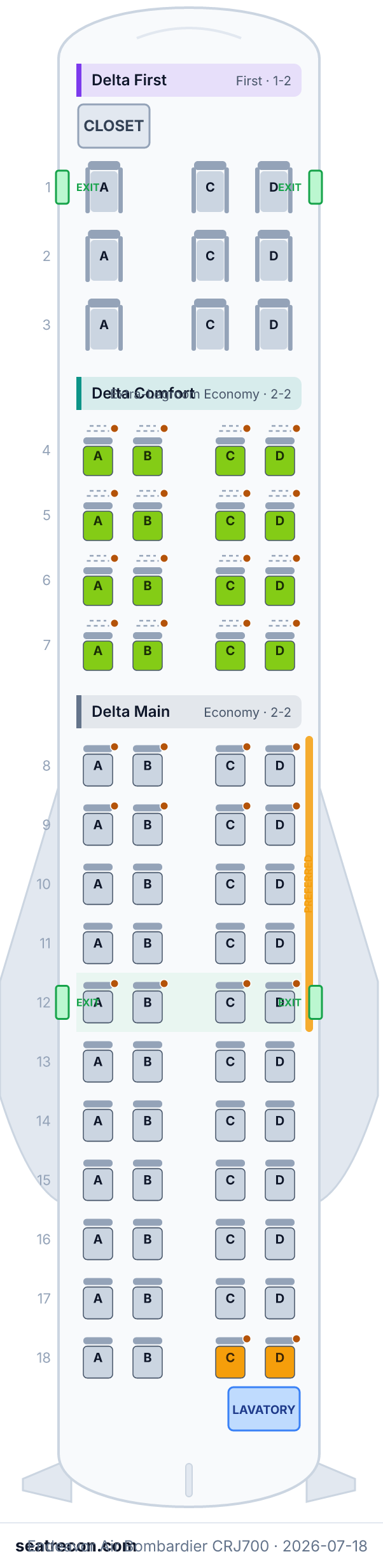 Endeavor Air Bombardier CRJ700 seat map diagram — Delta First, Delta Comfort, Delta Main (69 seats)