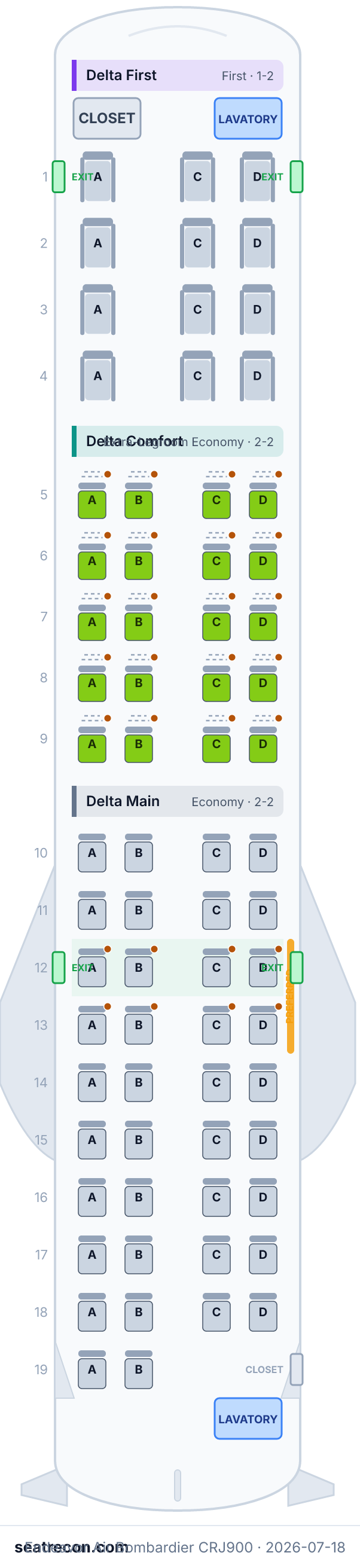 Endeavor Air Bombardier CRJ900 seat map diagram — Delta First, Delta Comfort, Delta Main (70 seats)
