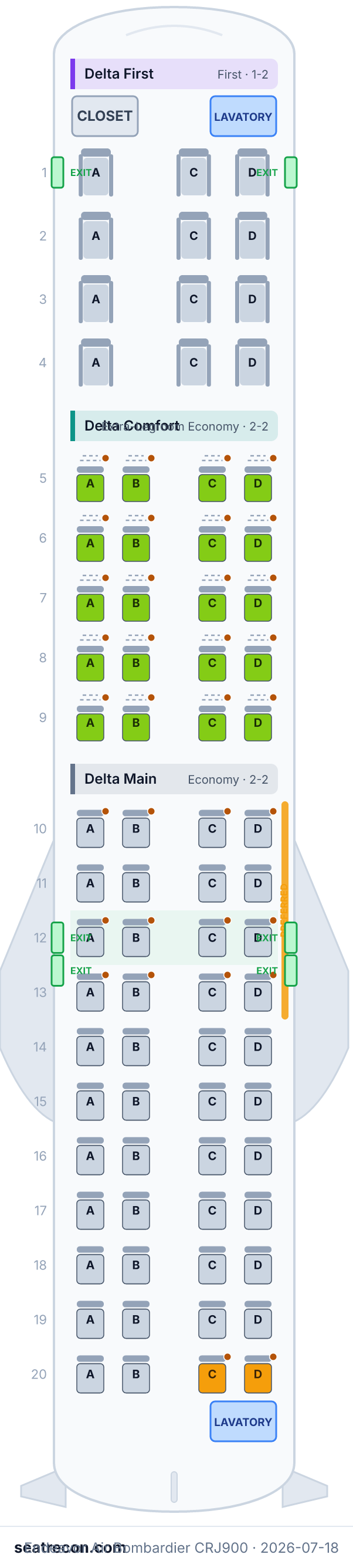 Endeavor Air Bombardier CRJ900 seat map diagram — Delta First, Delta Comfort, Delta Main (76 seats)