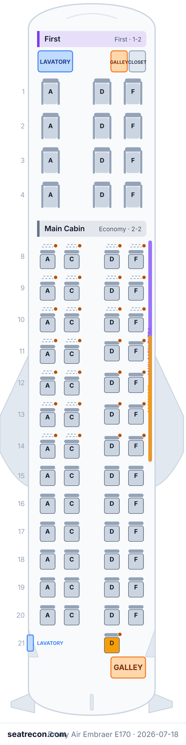 Envoy Air Embraer E170 seat map diagram — First, Main Cabin (65 seats)
