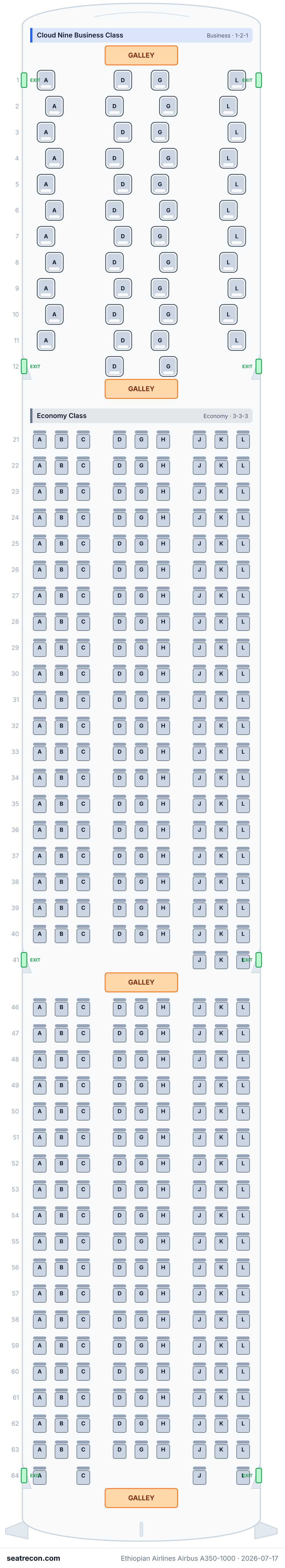 Ethiopian Airlines Airbus A350-1000 seat map diagram — Cloud Nine Business Class, Economy Class (395 seats)