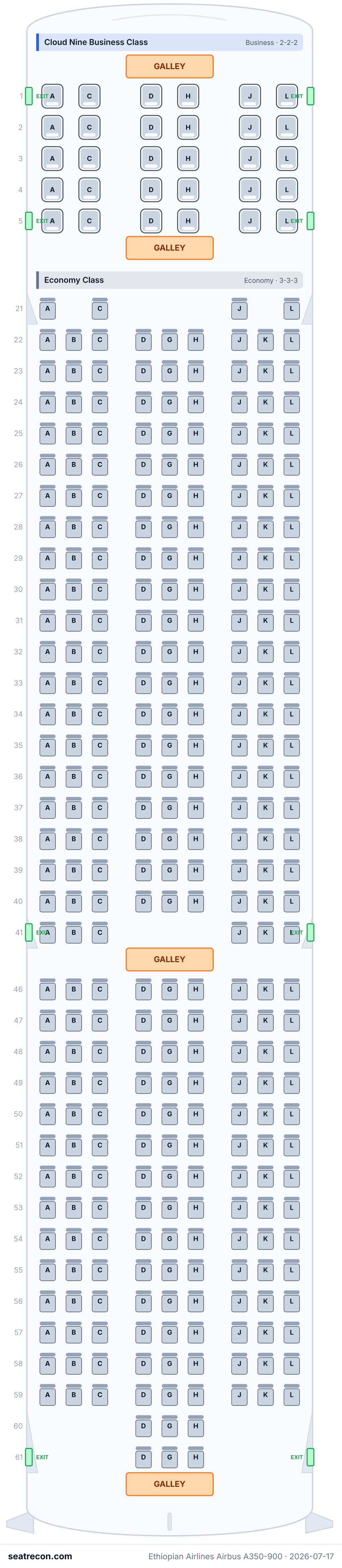 Ethiopian Airlines Airbus A350-900 seat map diagram — Cloud Nine Business Class, Economy Class (343 seats)