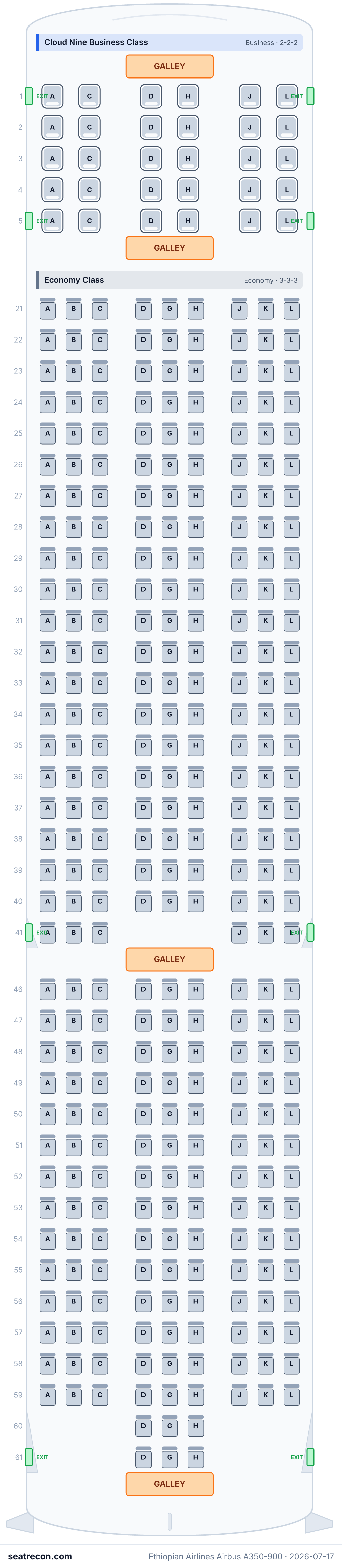 Ethiopian Airlines Airbus A350-900 seat map diagram — Cloud Nine Business Class, Economy Class (348 seats)