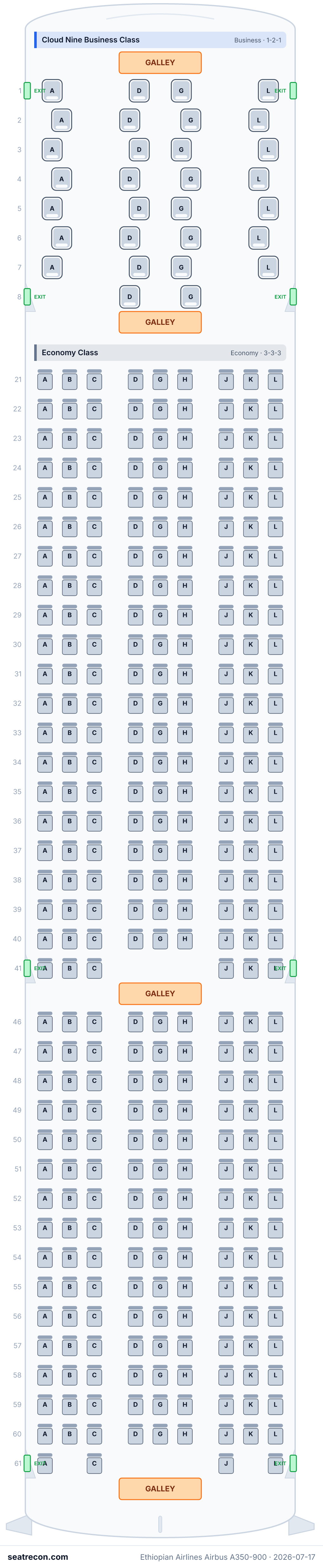 Ethiopian Airlines Airbus A350-900 seat map diagram — Cloud Nine Business Class, Economy Class (355 seats)
