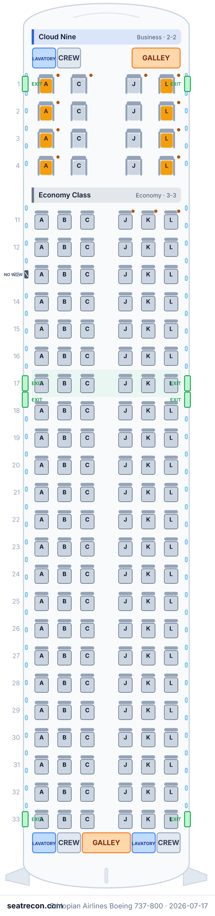Ethiopian Airlines Boeing 737-800 seat map diagram — Cloud Nine, Economy Class (154 seats)