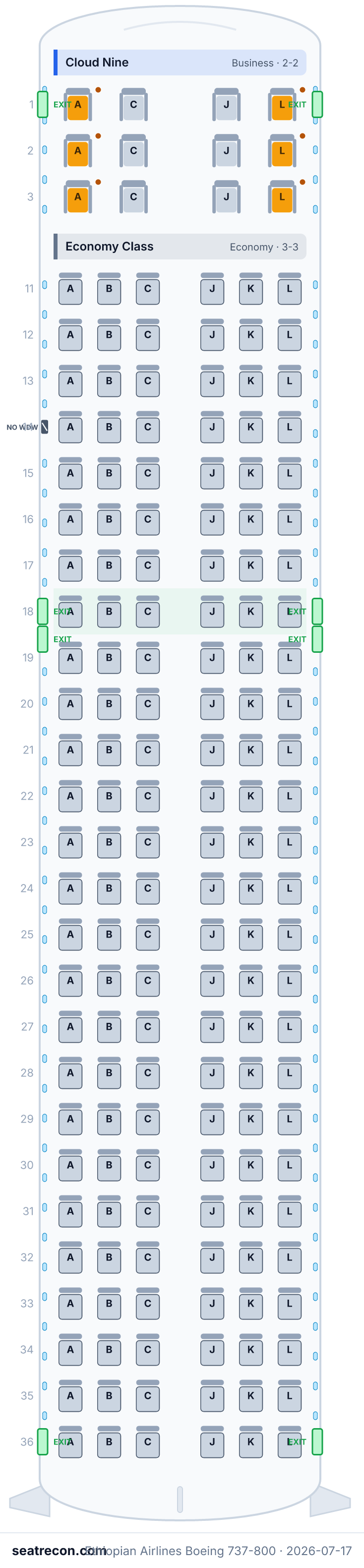 Ethiopian Airlines Boeing 737-800 seat map diagram — Cloud Nine, Economy Class (168 seats)