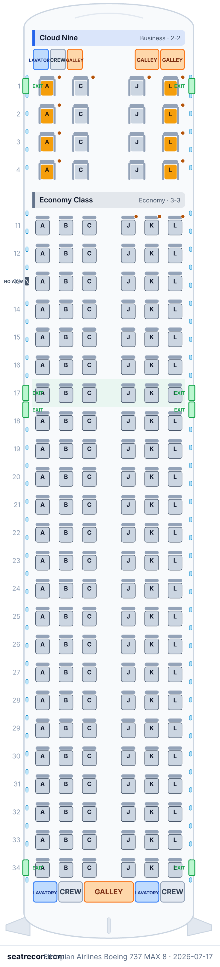 Ethiopian Airlines Boeing 737 MAX 8 seat map diagram — Cloud Nine, Economy Class (160 seats)