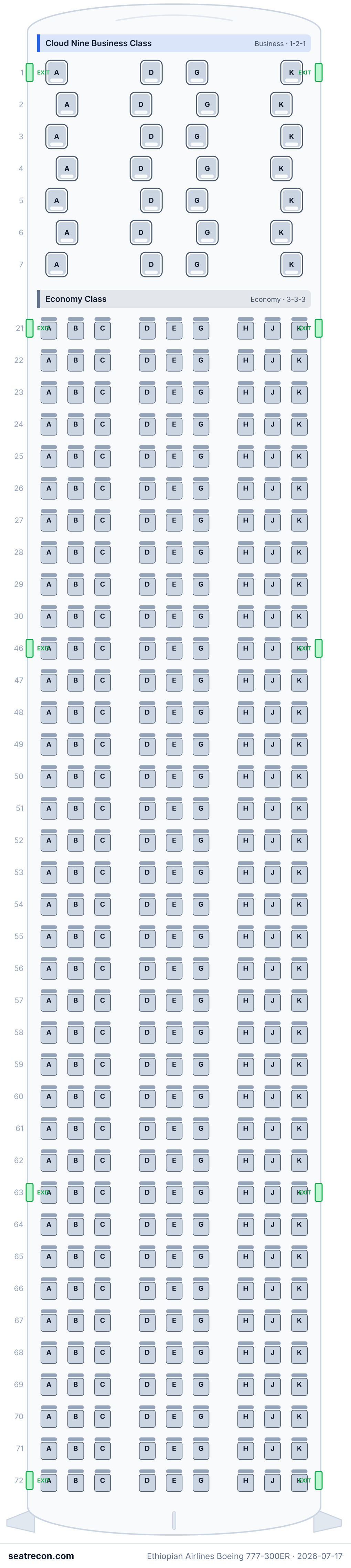 Ethiopian Airlines Boeing 777-300ER seat map diagram — Cloud Nine Business Class, Economy Class (361 seats)