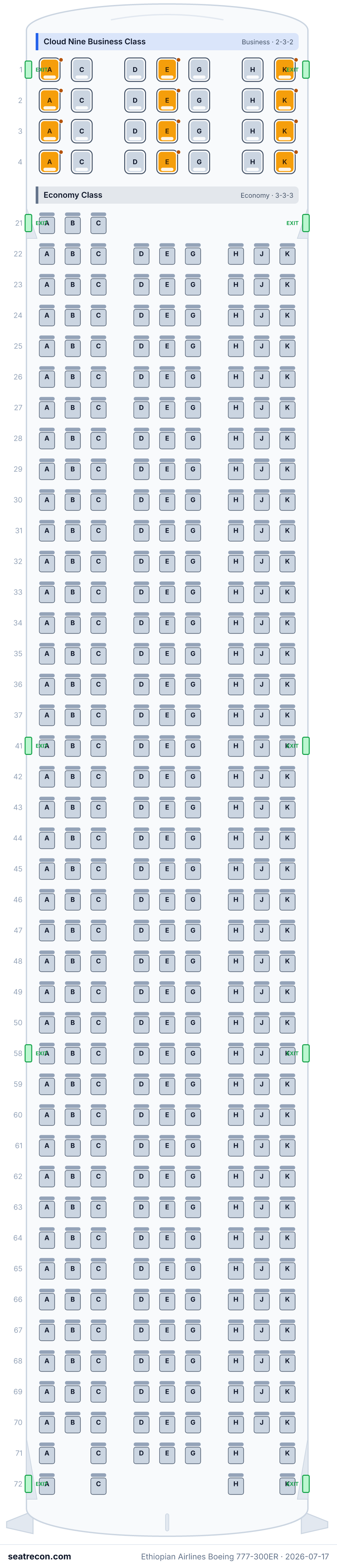 Ethiopian Airlines Boeing 777-300ER seat map diagram — Cloud Nine Business Class, Economy Class (393 seats)