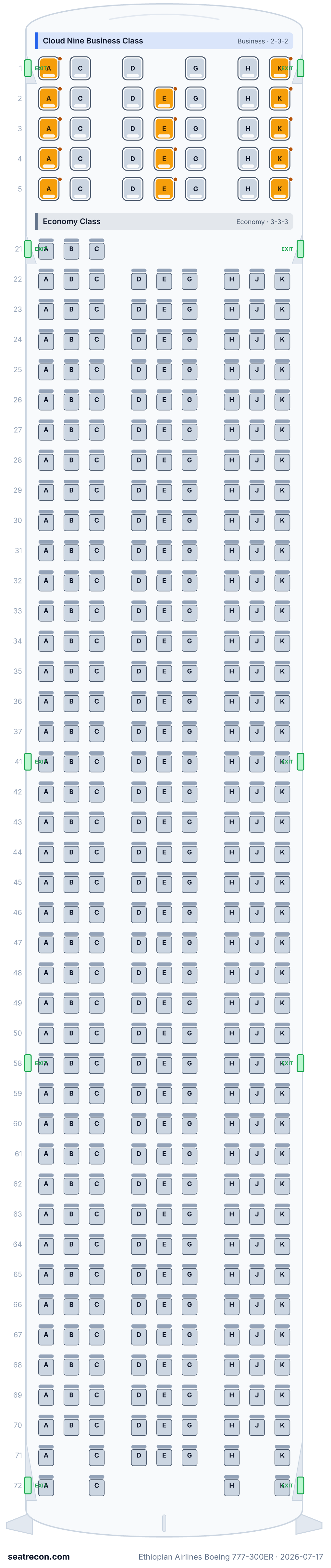 Ethiopian Airlines Boeing 777-300ER seat map diagram — Cloud Nine Business Class, Economy Class (399 seats)