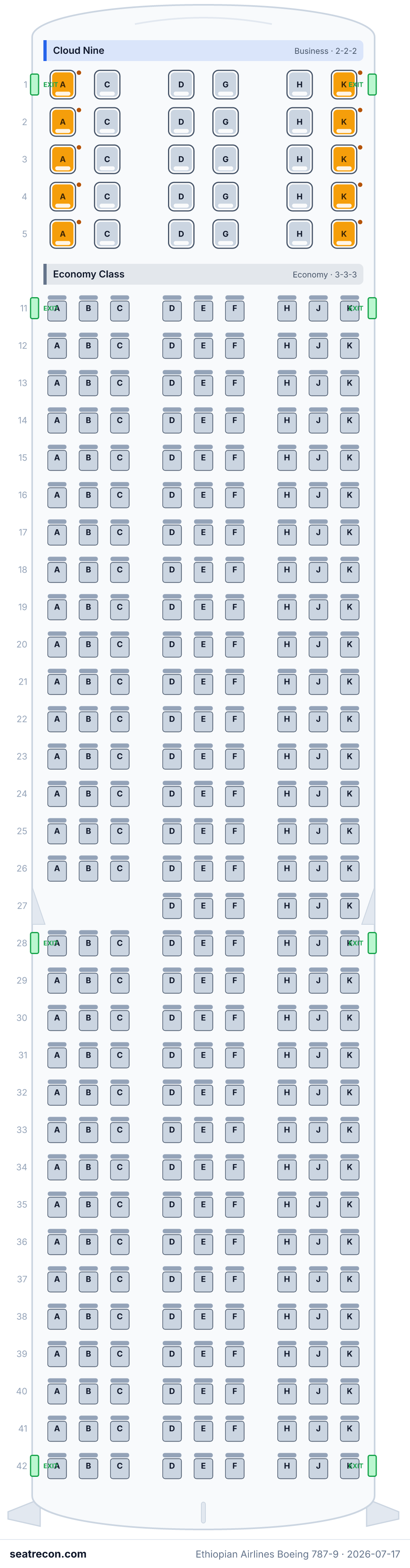 Ethiopian Airlines Boeing 787-9 seat map diagram — Cloud Nine, Economy Class (315 seats)