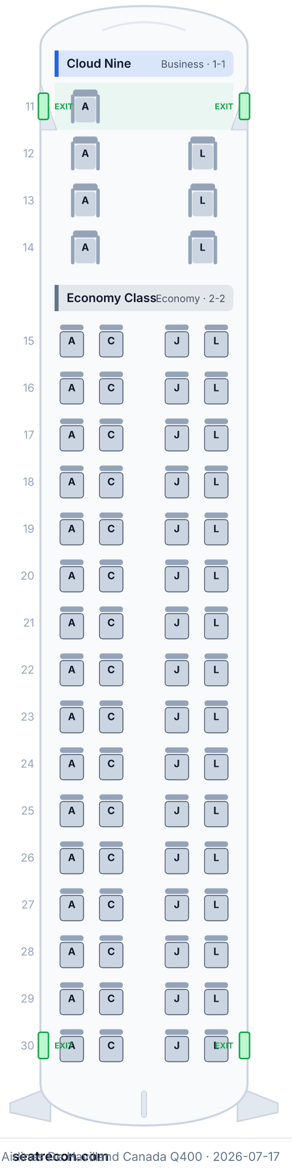 Ethiopian Airlines De Havilland Canada Q400 seat map diagram — Cloud Nine, Economy Class (71 seats)
