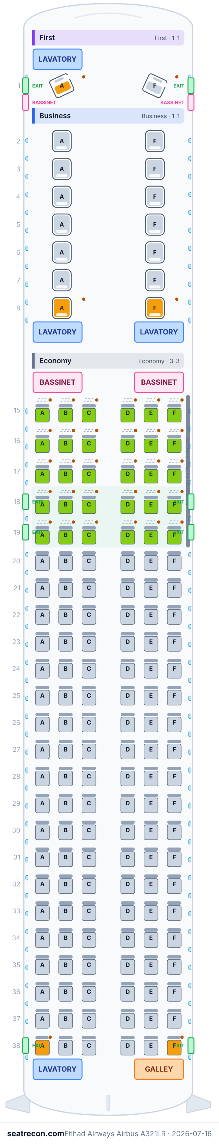 Etihad Airways Airbus A321LR seat map diagram — First, Business, Economy (160 seats)