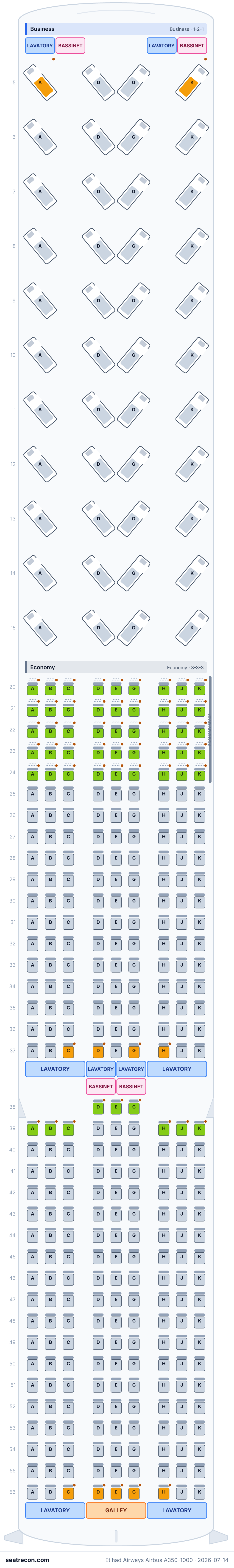 Etihad Airways Airbus A350-1000 seat map diagram — Business, Economy (371 seats)