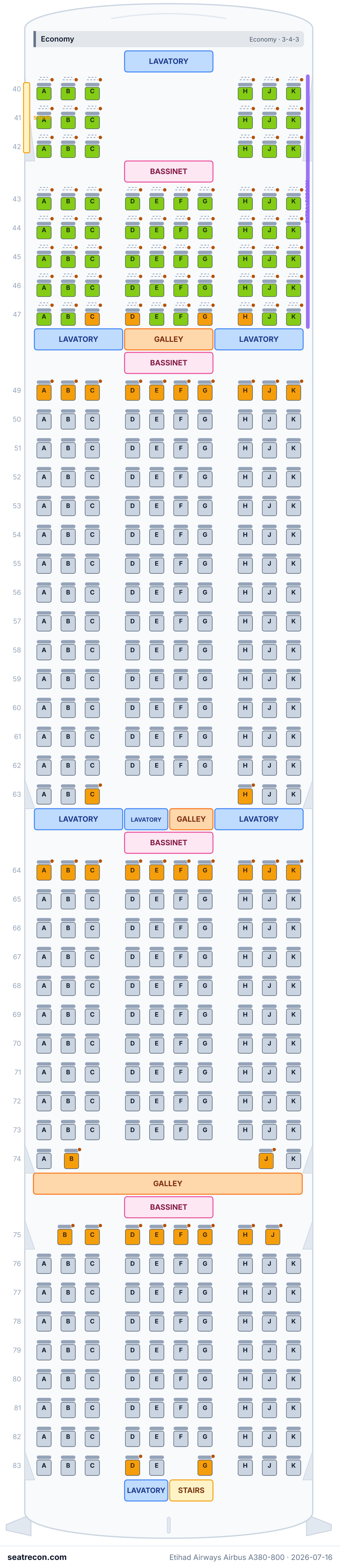 Etihad Airways Airbus A380-800 seat map diagram — The Residence / First Apartments, First Apartments, Business, Economy (486 seats)
