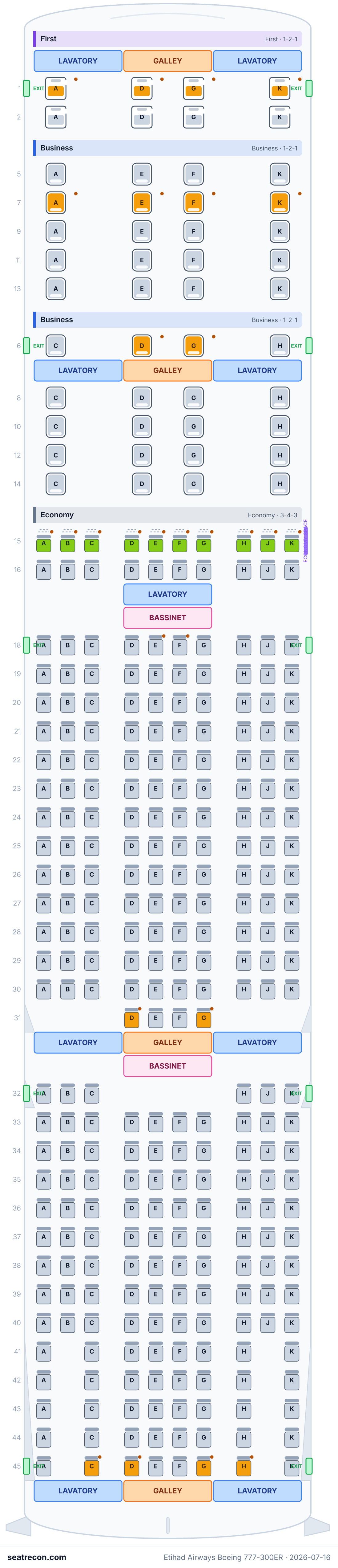 Etihad Airways Boeing 777-300ER seat map diagram — First, Business, Economy (328 seats)