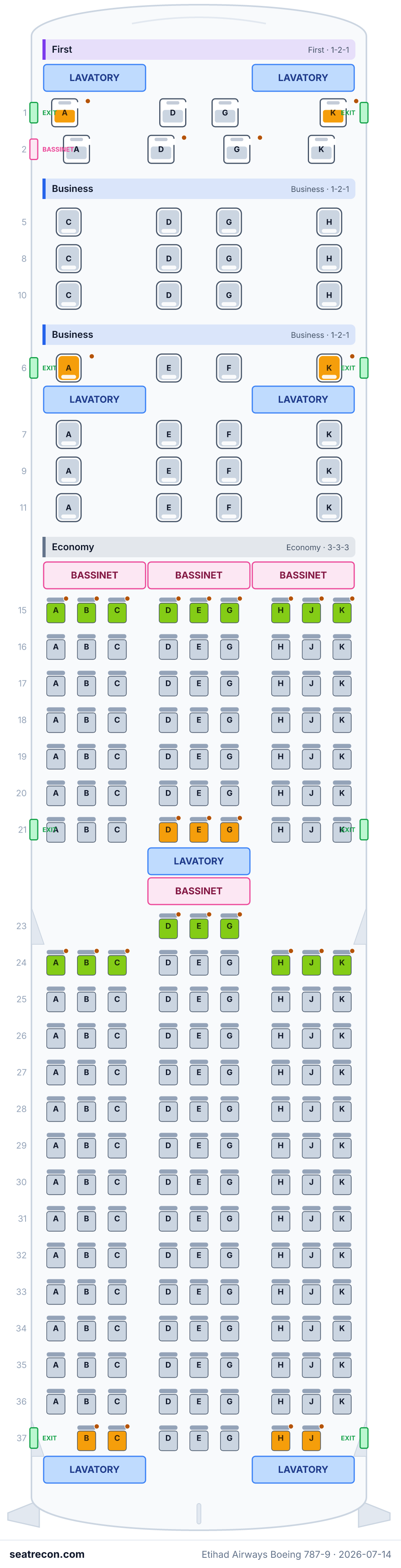Etihad Airways Boeing 787-9 seat map diagram — First, Business, Economy (226 seats)