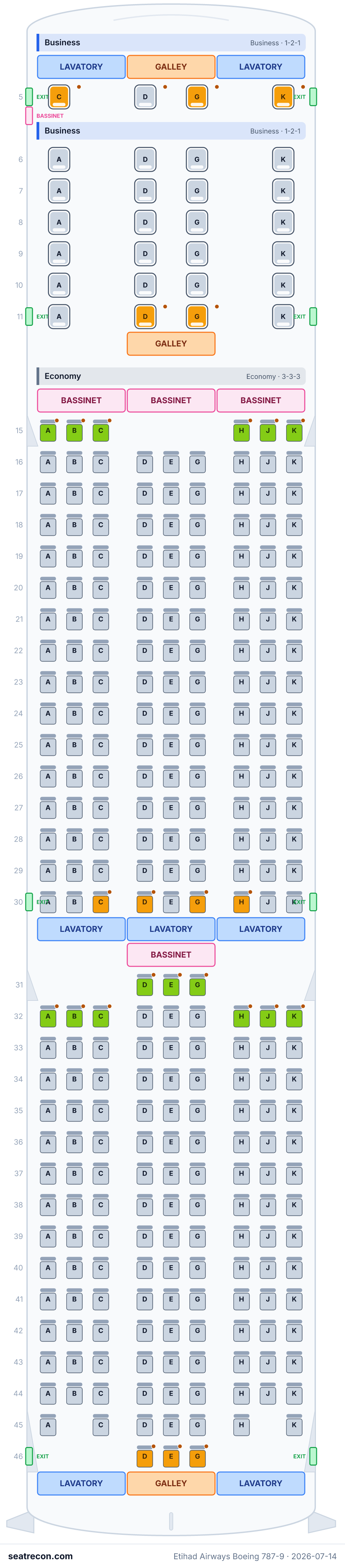 Etihad Airways Boeing 787-9 seat map diagram — Business, Economy (299 seats)