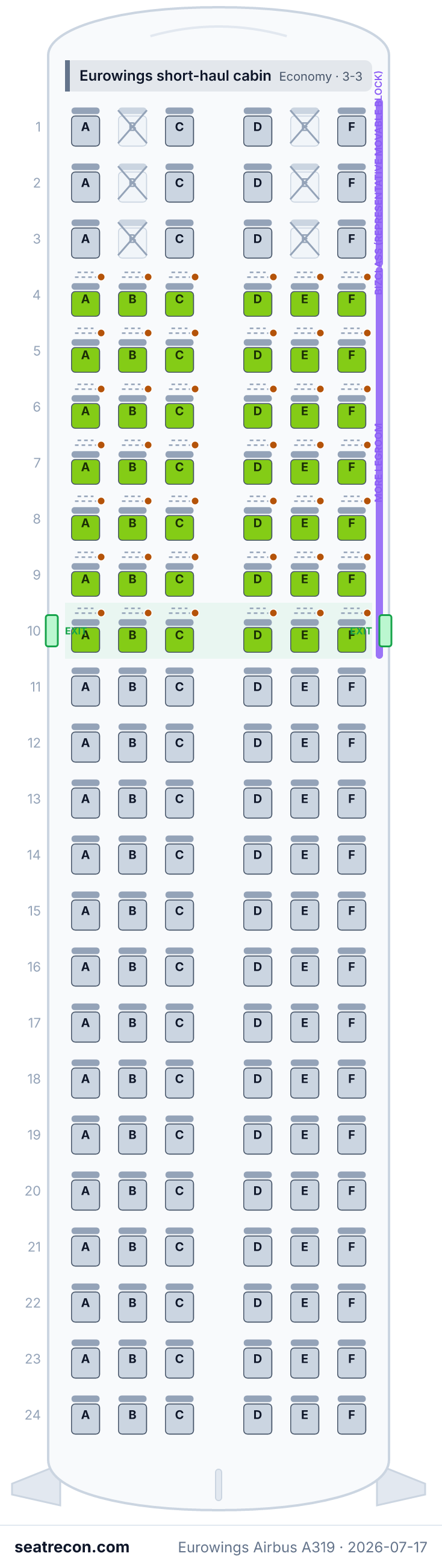 Eurowings Airbus A319 seat map diagram — Eurowings short-haul cabin (144 seats)