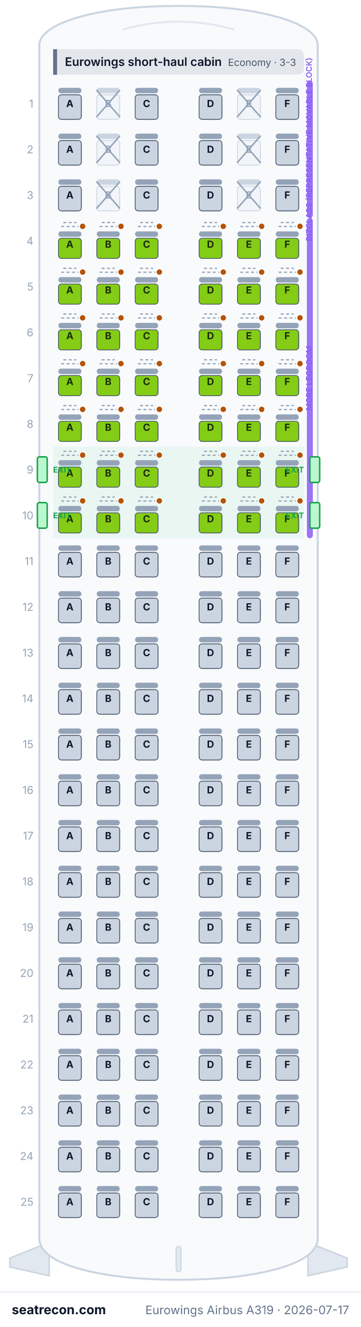 Eurowings Airbus A319 seat map diagram — Eurowings short-haul cabin (150 seats)