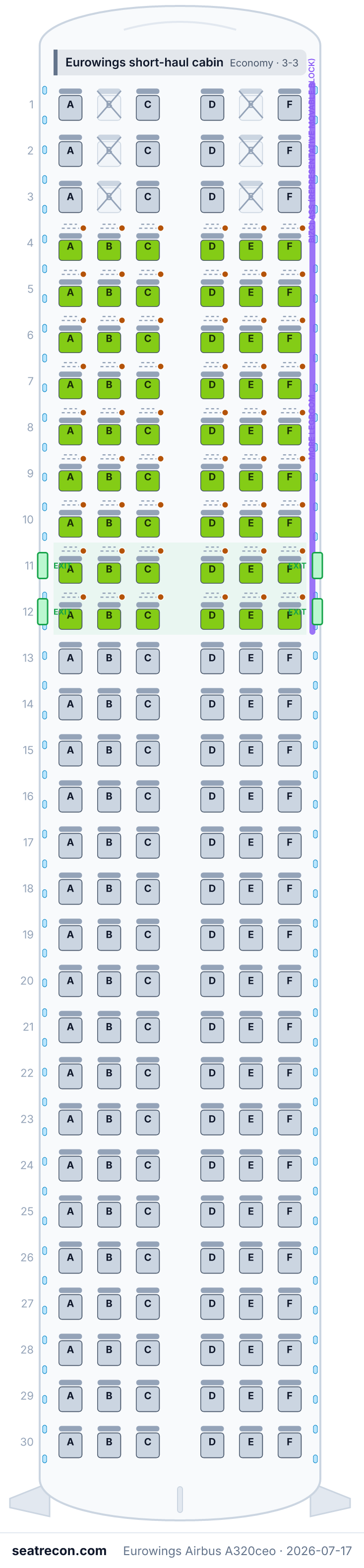 Eurowings Airbus A320ceo seat map diagram — Eurowings short-haul cabin (180 seats)