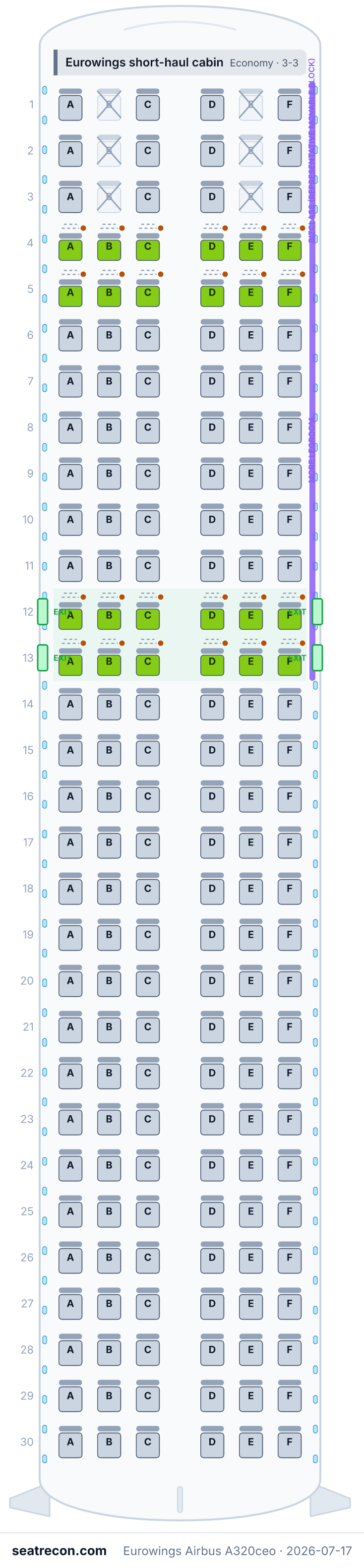 Eurowings Airbus A320ceo seat map diagram — Eurowings short-haul cabin (180 seats)