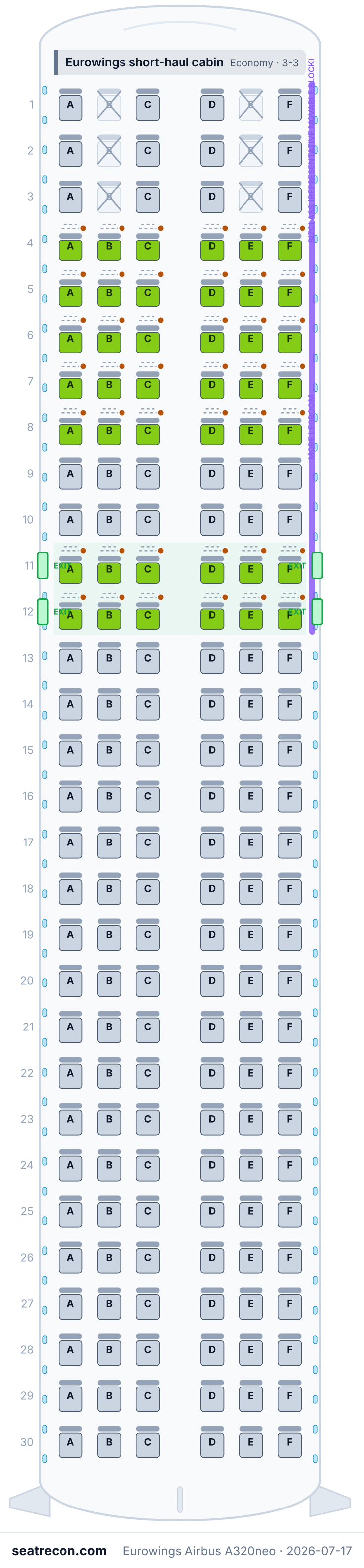 Eurowings Airbus A320neo seat map diagram — Eurowings short-haul cabin (180 seats)