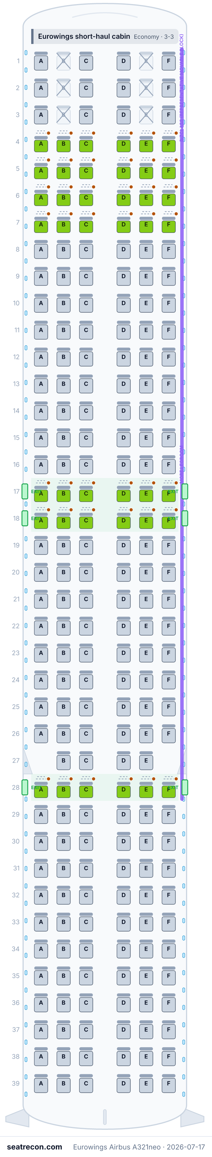 Eurowings Airbus A321neo seat map diagram — Eurowings short-haul cabin (232 seats)