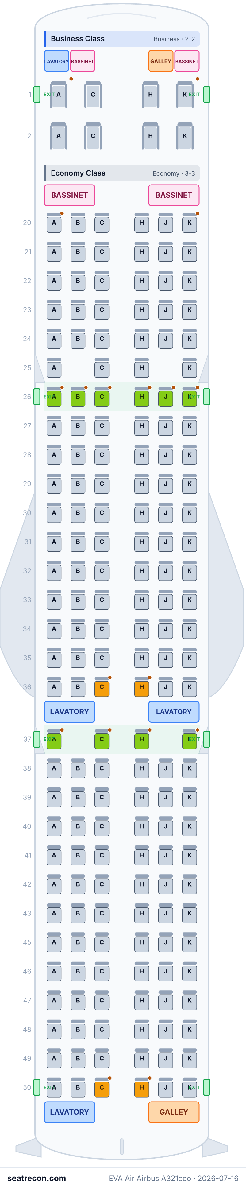 EVA Air Airbus A321ceo seat map diagram — Business Class, Economy Class (184 seats)