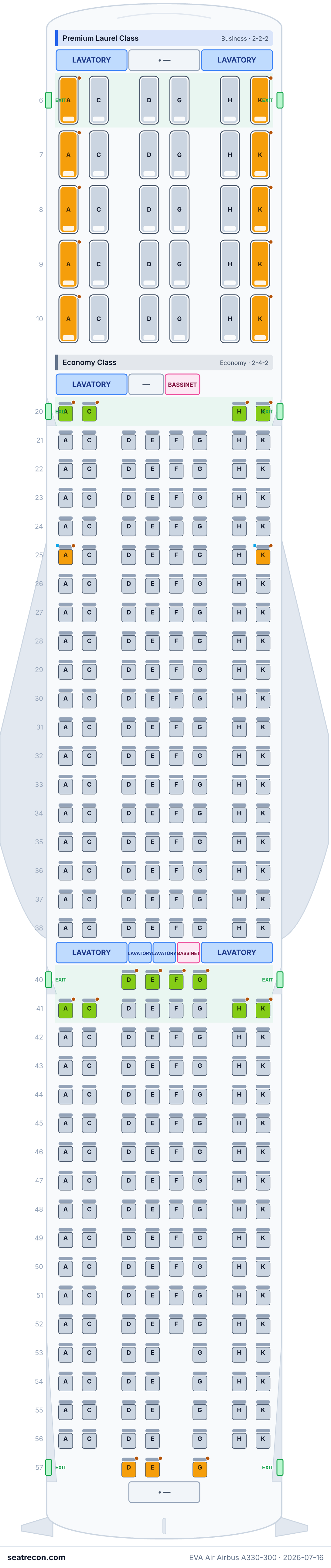EVA Air Airbus A330-300 seat map diagram — Premium Laurel Class, Economy Class (309 seats)