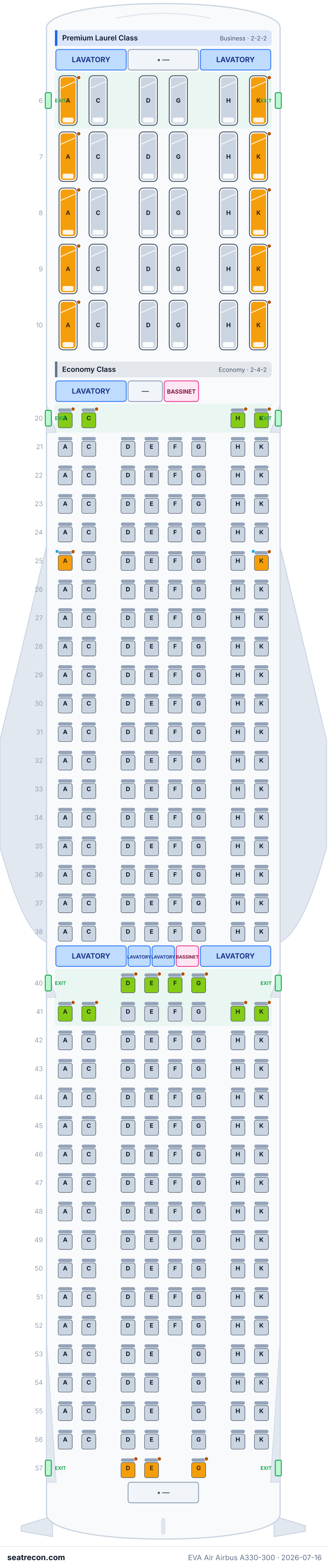 EVA Air Airbus A330-300 seat map diagram — Premium Laurel Class, Economy Class (309 seats)