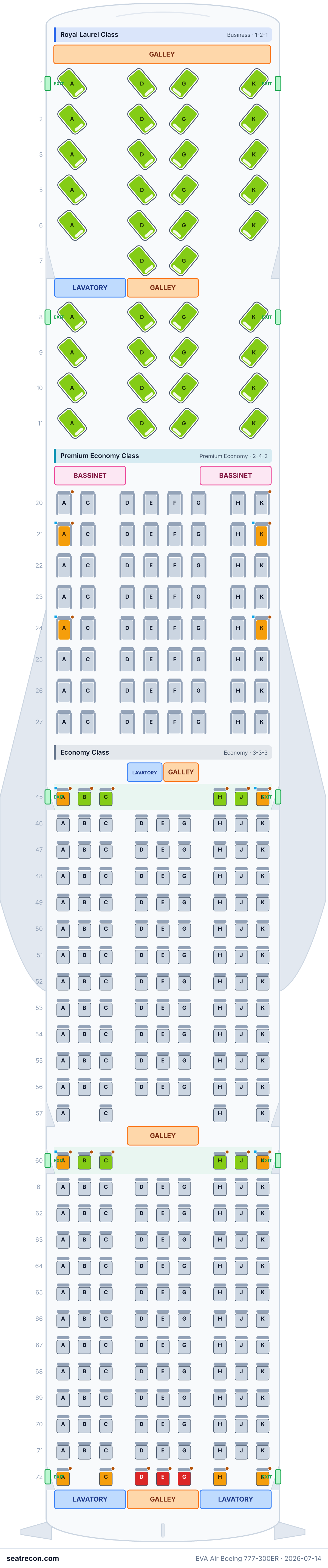 EVA Air Boeing 777-300ER seat map diagram — Royal Laurel Class, Premium Economy Class, Economy Class (323 seats)
