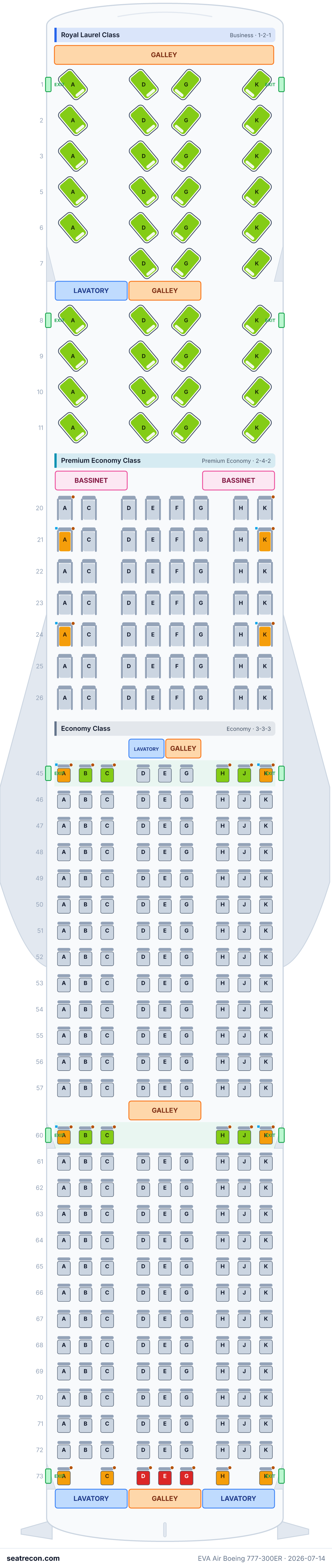 EVA Air Boeing 777-300ER seat map diagram — Royal Laurel Class, Premium Economy Class, Economy Class (333 seats)