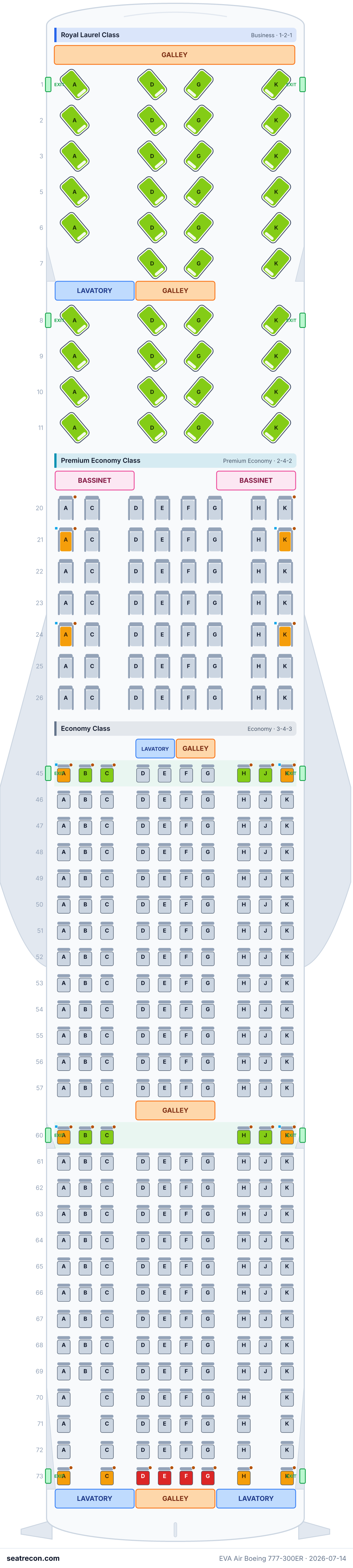 EVA Air Boeing 777-300ER seat map diagram — Royal Laurel Class, Premium Economy Class, Economy Class (353 seats)