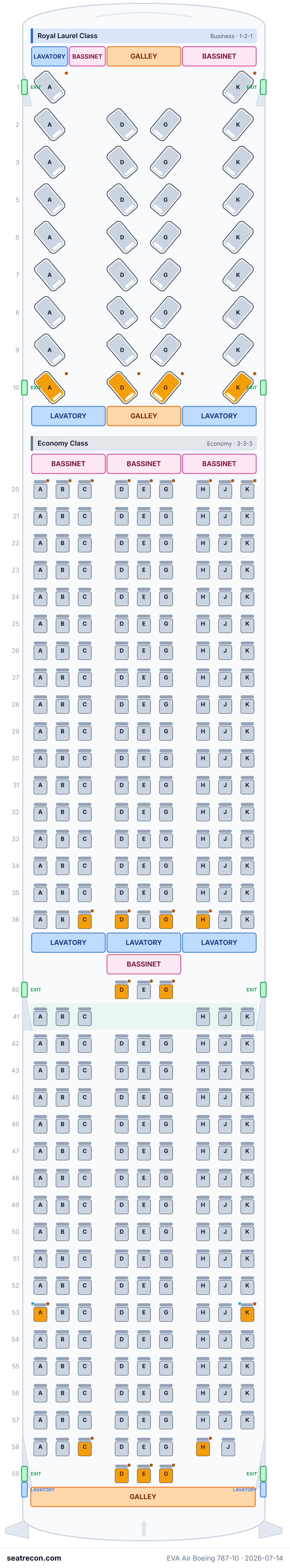 EVA Air Boeing 787-10 seat map diagram — Royal Laurel Class, Economy Class (342 seats)