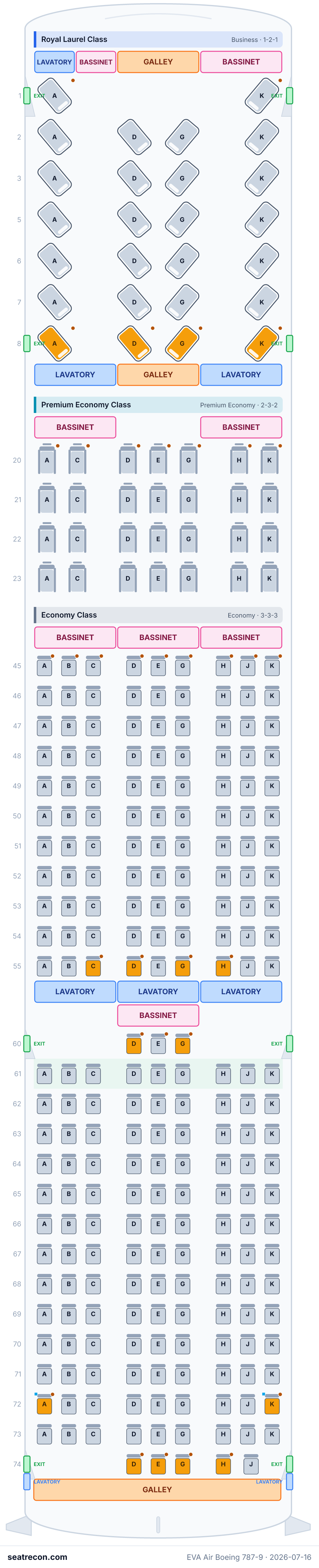 EVA Air Boeing 787-9 seat map diagram — Royal Laurel Class, Premium Economy Class, Economy Class (278 seats)