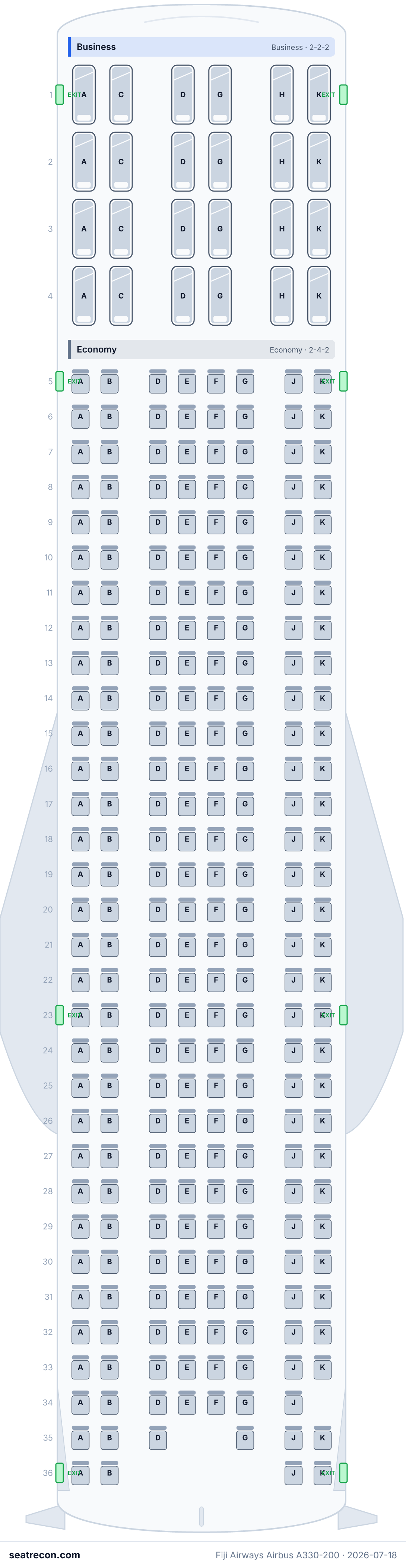 Fiji Airways Airbus A330-200 seat map diagram — Business, Economy (273 seats)