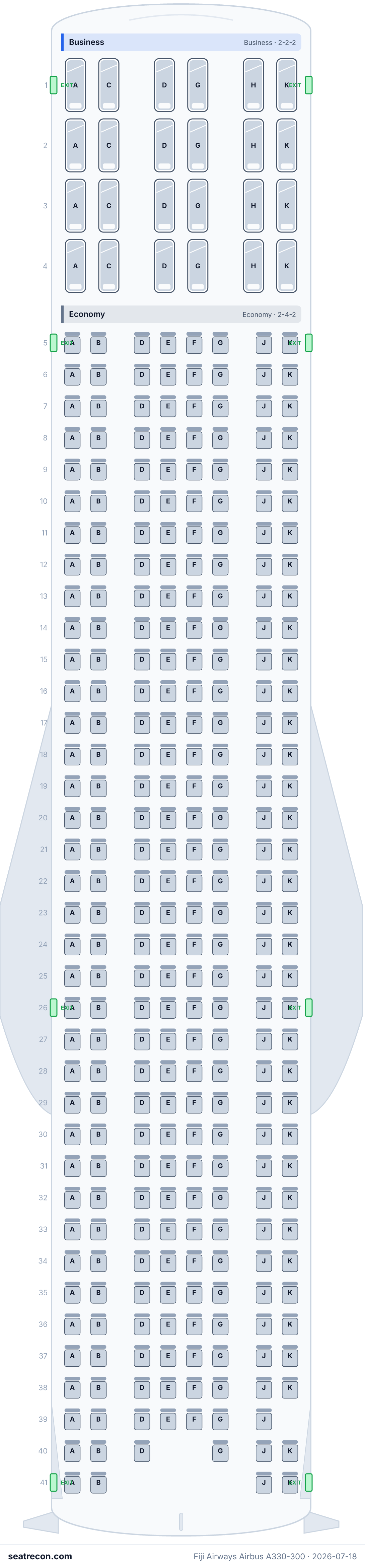 Fiji Airways Airbus A330-300 seat map diagram — Business, Economy (313 seats)