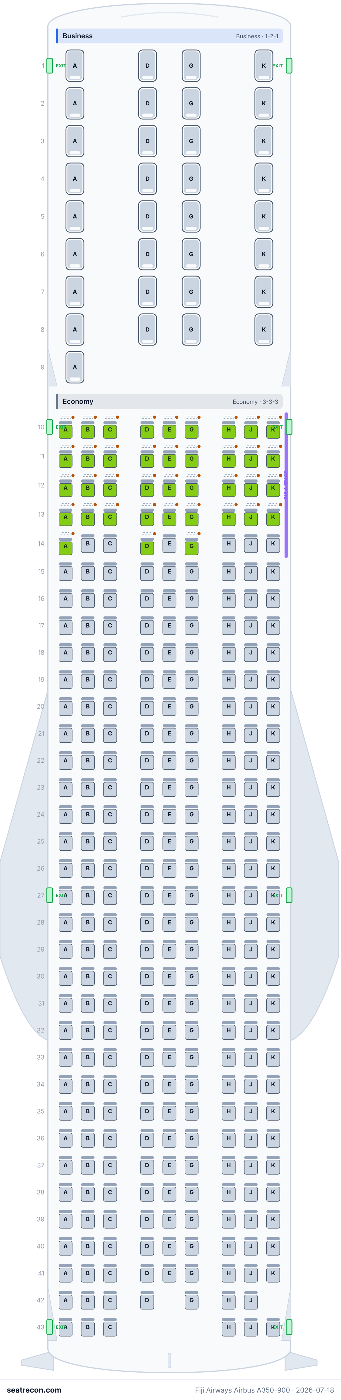 Fiji Airways Airbus A350-900 seat map diagram — Business, Economy (334 seats)