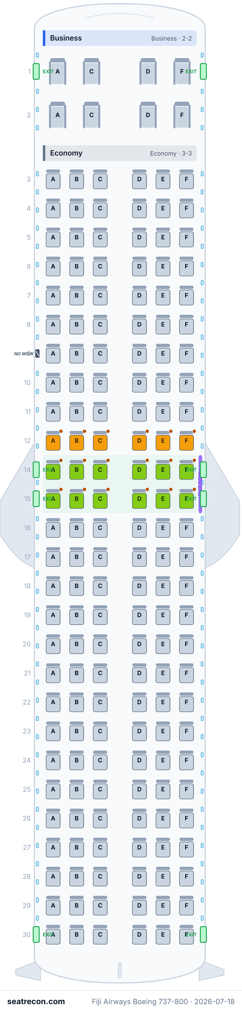 Fiji Airways Boeing 737-800 seat map diagram — Business, Economy (170 seats)