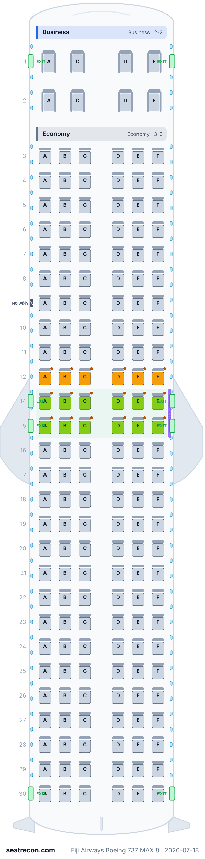 Fiji Airways Boeing 737 MAX 8 seat map diagram — Business, Economy (170 seats)
