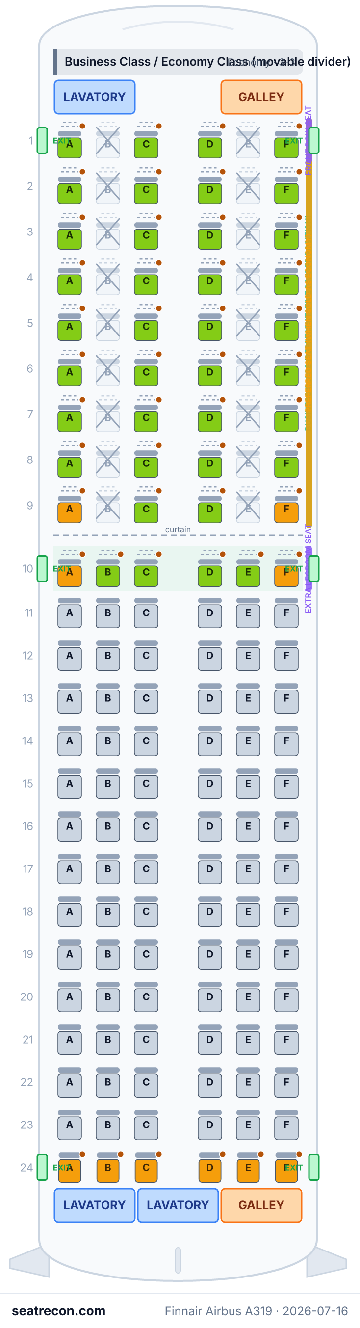 Finnair Airbus A319 seat map diagram — Business Class / Economy Class (movable divider) (144 seats)